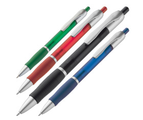 Frosted plastic ball pen with grooved rubber grip zone