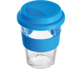 Glass mug with silicon sleeve and lid